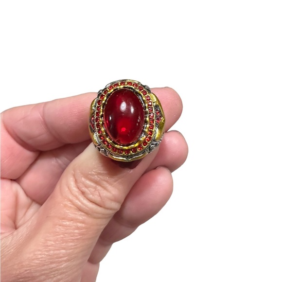 Silver with Gold Accents Red Ruby Unisex Ring - Picture 4 of 8